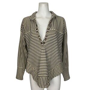Anthropologie Pilcro Spliced Henley Top XS Neutral Motif Striped Long Sleeve